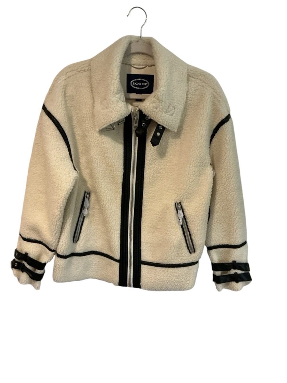 Scoop Sherpa Jacket Womens M Cream Black Moto Buckle Fleece Coat Cozy Trendy